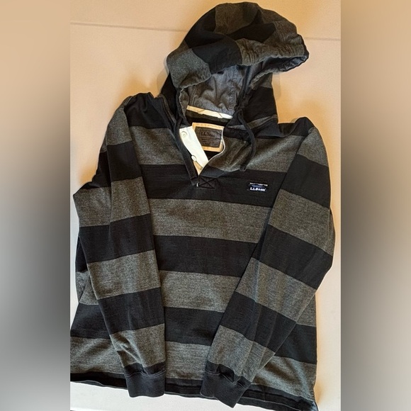 L.L. BEAN Men’s Long Sleeved Hooded‎ Black & Grey Striped Shirt w/ Buttons Large - Picture 7 of 11